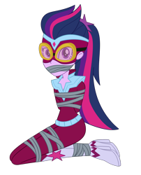 Size: 2000x2472 | Tagged: safe, artist:splendidbondage, derpibooru import, masked matter-horn, sci-twi, twilight sparkle, human, equestria girls, bondage, bound and gagged, gag, kneeling, power ponies, simple background, solo, tape, tape bondage, tape gag, transparent background