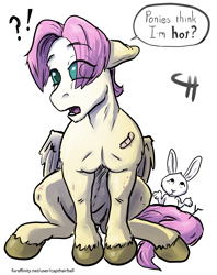 Size: 2662x3354 | Tagged: safe, artist:capt_hairball, derpibooru import, angel bunny, butterscotch, fluttershy, pegasus, bandaid, bite mark, dialogue, eye clipping through hair, lilith bunny, looking at you, male, open mouth, rule 63, scrapes, shrug, solo, twig, unshorn fetlocks