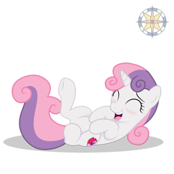 Size: 1200x1200 | Tagged: safe, artist:r4hucksake, derpibooru import, sweetie belle, pony, unicorn, ^^, blushing, eyes closed, female, laughing, lying down, on back, open mouth, open smile, simple background, smiling, solo, transparent background