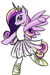 Size: 748x1120 | Tagged: safe, artist:henry forewen, derpibooru import, princess cadance, alicorn, pony, bipedal, clothes, concave belly, crown, dancing, female, jewelry, mare, missing accessory, regalia, simple background, slim, solo, thin, tutu, white background