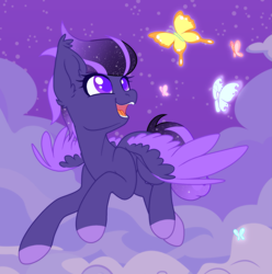 Size: 1973x1989 | Tagged: safe, artist:olivi, derpibooru import, oc, oc only, oc:shadow galaxy, butterfly, pegasus, pony, cloud, commission, cute, ear fluff, ears, ethereal mane, female, flying, hooves, mare, open mouth, pegasus oc, smiling, solo, starry mane, starry tail, stars, tail, ych result