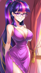 Size: 864x1536 | Tagged: safe, ai content, derpibooru import, editor:sammykun, generator:novelai, generator:stable diffusion, machine learning generated, sci-twi, twilight sparkle, human, absolute cleavage, big breasts, breasts, cleavage, clothes, cute, dress, female, glasses, humanized, long dress, long hair, looking at you, prompter:sammykun, request, requested art, sexy, simple background, smiling, smirk, solo, teeth, tight clothing, vacuum sealed clothing