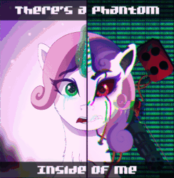 Size: 624x640 | Tagged: safe, artist:autumnsfur, derpibooru import, sweetie belle, pony, robot, robot pony, unicorn, friendship is magic, g4, angry, animated, bust, chest fluff, code, code phantom (destabilize pt. 4a), crying, cybernetic eyes, dawn, destabilize, detailed background, digital art, duo, error, evening, evil, eyelashes, female, gif, glitch, green eyes, green magic, gritted teeth, gun, horn, implied princewhateverer, inspired by a song, laser, looking at you, machine gun, mare, open mouth, pink hair, pink mane, portrait, purple hair, purple mane, rage, red eyes, rocket launcher, teeth, text, two sided posters, two sides, upset, warning sign, weapon, white coat, white fur, wires