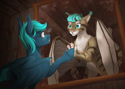 Size: 1920x1372 | Tagged: safe, artist:klarapl, derpibooru import, oc, oc only, oc:guttatus, anthro, bat pony, cat, pony, alternate universe, anthro oc, bat pony oc, bat wings, ear tufts, indoors, looking at each other, looking at someone, mirror, spread wings, touch, wings