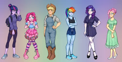 Size: 1024x521 | Tagged: safe, artist:t0byinthesky, derpibooru import, applejack, fluttershy, pinkie pie, rainbow dash, rarity, sci-twi, twilight sparkle, human, equestria girls, alternate hairstyle, applejack's hat, bag, belly button, book, boots, bracelet, clothes, cowboy boots, cowboy hat, dress, eyeshadow, female, flats, freckles, glasses, gradient background, hat, high heels, humane five, humane six, jewelry, leggings, lipstick, makeup, midriff, nail polish, overalls, shirt, shoes, shorts, skirt, sneakers, socks, sports bra, sports shorts, stockings, striped socks, sweater, thigh highs