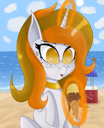 Size: 3140x3840 | Tagged: safe, artist:krymak, derpibooru import, oc, oc only, pony, unicorn, beach, colored pupils, female, food, freckles, ice cream, ice cream cone, mare, ocean, solo, water