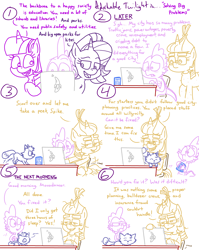 Size: 4779x6013 | Tagged: safe, artist:adorkabletwilightandfriends, derpibooru import, moondancer, spike, starlight glimmer, oc, oc:pinenut, cat, comic:adorkable twilight and friends, adorkable, adorkable twilight, behaving like a cat, cat on keyboard, cities skylines, clothes, comic, computer, corrupted, cute, dork, expressions, eyebrows, friendship, game box, glasses, happy, insurance fraud, jumping, laptop computer, lying down, nervous, petting, scooting, sim city, simulator, sitting, sleepy, slice of life, smiling, sweater, table, tired, unhappy, video game, yawn