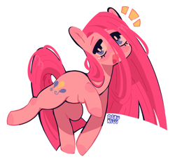 Size: 2690x2445 | Tagged: safe, artist:d0kukiui, derpibooru import, pinkie pie, earth pony, pony, cute, diapinkes, emanata, female, heart tongue, mare, open mouth, pinkamena diane pie, raised hoof, raised leg, simple background, solo, white background