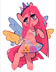 Size: 1537x1947 | Tagged: safe, artist:d0kukiui, derpibooru import, pinkie pie, earth pony, pony, fanfic:cupcakes, apron, clothes, cute, cutie mark dress, diapinkes, dress, female, hairband, horn, mare, open mouth, pinkamena diane pie, simple background, solo, white background, wings