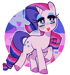 Size: 1942x2084 | Tagged: safe, artist:d0kukiui, derpibooru import, rarity, pony, unicorn, bisexual pride flag, eyeshadow, female, makeup, mare, mouthpiece, open mouth, pride, pride flag, pride month, raised hoof, raised leg, simple background, solo, unshorn fetlocks, white background