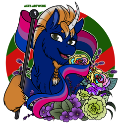 Size: 3050x3150 | Tagged: safe, artist:acry-artwork, derpibooru import, oc, oc only, oc:venomous stray, pony, unicorn, bisexual pride flag, bust, commission, flower, male, portrait, pride, pride flag, pride month, simple background, solo, stallion, transparent background, ych result