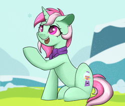 Size: 2600x2200 | Tagged: safe, artist:dumbwoofer, derpibooru import, minty bubblegum, pony, unicorn, clothes, ear fluff, ears, female, field, grass, hill, looking up, mare, open mouth, raised hoof, raised leg, scarf, sitting, smiling, snow, snowfall, snowflake, solo, winter