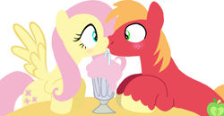 Size: 1980x1020 | Tagged: safe, artist:mlplary6, derpibooru import, big macintosh, fluttershy, earth pony, pegasus, pony, accidental kiss, blushing, drink, duo, female, fluttermac, food, looking at each other, looking at someone, male, mare, milkshake, sharing a drink, shipping, simple background, stallion, straight, white background