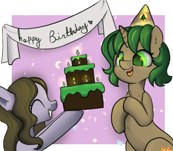 Size: 2315x2020 | Tagged: safe, artist:dumbwoofer, derpibooru import, oc, oc only, oc:dumbwoofer, oc:pine shine, earth pony, pony, unicorn, birthday, birthday cake, cake, candle, celebration, chest fluff, chocolate cake, duo, ear fluff, ears, eyes closed, female, food, grin, happy, happy birthday, hat, mare, open mouth, party hat, simple background, smiling, transparent background