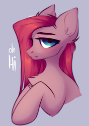 Size: 1760x2492 | Tagged: safe, artist:monphys, derpibooru import, pinkie pie, earth pony, pony, big ears, bust, chest fluff, dialogue, ears, female, frown, hi, lidded eyes, mare, pinkamena diane pie, portrait, signature, simple background, solo