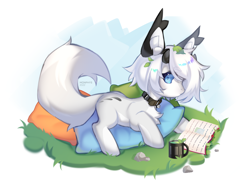 Size: 3000x2199 | Tagged: safe, artist:monphys, derpibooru import, oc, oc only, cat, cat pony, earth pony, original species, pony, book, chest fluff, collar, horn, pillow, solo