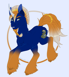 Size: 1435x1599 | Tagged: safe, artist:silkensaddle, derpibooru import, oc, oc only, oc:venomous stray, pony, unicorn, blue background, chest fluff, male, simple background, solo, stallion, unshorn fetlocks