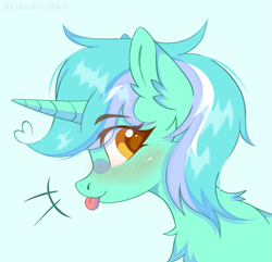 Size: 1591x1535 | Tagged: safe, artist:belkaart0w0, derpibooru import, lyra heartstrings, pony, unicorn, :p, blue background, blushing, bust, chest fluff, colored pupils, cyan background, ear fluff, ears, portrait, simple background, smiling, solo, tongue, tongue out
