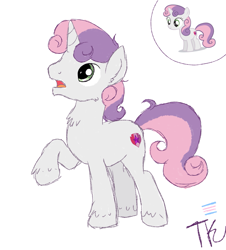 Size: 1805x1993 | Tagged: safe, artist:taeko, derpibooru exclusive, derpibooru import, silver bell, sweetie belle, pony, unicorn, cheek fluff, chest fluff, ear fluff, ears, hoof fluff, looking offscreen, male, older, raised hoof, raised leg, rule 63, signature, simple background, sketch, solo, stallion, trans male, trans stallion sweetie belle, transgender, white background