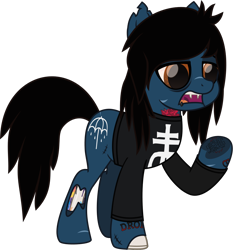 Size: 1056x1132 | Tagged: safe, artist:lightningbolt, derpibooru exclusive, derpibooru import, earth pony, pony, undead, zombie, zombie pony, .svg available, bloodshot eyes, bone, bring me the horizon, clothes, colored pupils, drop dead clothing, fangs, lidded eyes, lip piercing, long sleeves, male, movie accurate, oliver sykes, open mouth, piercing, ponified, raised hoof, raised leg, scar, shirt, simple background, solo, species swap, stallion, stitches, svg, tattoo, transparent background, underhoof, vector