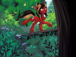 Size: 4000x3000 | Tagged: safe, alternate version, artist:xvostik, derpibooru import, pony, unicorn, all time low, bridge, chest fluff, clothes, commission, daytime, dyed mane, dyed tail, happy, horn, jack barakat, male, open mouth, outdoors, plant, ponified, shirt, solo, species swap, stallion, tail, tree, walking, ych result