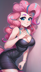 Size: 864x1536 | Tagged: safe, ai content, derpibooru import, editor:sammykun, generator:novelai, generator:stable diffusion, machine learning generated, pinkie pie, human, absolute cleavage, against wall, big breasts, bracelet, breasts, cleavage, clothes, cute, dress, female, humanized, jewelry, long dress, long hair, looking at you, pinkie pies, prompter:sammykun, request, requested art, sexy, simple background, smiling, smirk, solo, teeth, tight clothing, vacuum sealed clothing