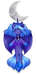Size: 446x921 | Tagged: safe, artist:angellightyt, artist:littleamberd, derpibooru import, princess luna, alicorn, pony, semi-anthro, collaboration, crescent moon, ethereal mane, eyes closed, female, mare, moon, simple background, smiling, solo, starry mane, transparent background