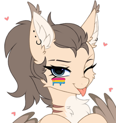 Size: 3150x3333 | Tagged: safe, artist:pesty_skillengton, derpibooru import, oc, oc only, oc:dima, pegasus, pony, bust, chest fluff, ear fluff, ears, female, heart, mare, piercing, portrait, pride, pride flag, pride month, simple background, sketch, solo, tongue, tongue out, transparent background, wings