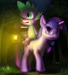 Size: 1900x2100 | Tagged: safe, artist:murskme, derpibooru import, spike, twilight sparkle, unicorn twilight, pony, unicorn, duo, female, forest, lantern, mare, night, riding, spike riding twilight