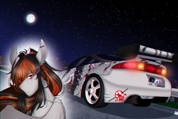 Size: 3000x2000 | Tagged: safe, artist:carbutt69, derpibooru import, oc, oc only, oc:cannon car, anthro, pegasus, snake, car, car spoiler, ear piercing, female, industrial piercing, moon, multicolored mane, night, night sky, piercing, sky, solo, wings