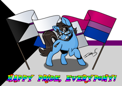 Size: 4961x3508 | Tagged: safe, artist:memprices, derpibooru import, oc, oc only, oc:ibis paint, pony, unicorn, bisexual, bisexual pride flag, demisexual, demisexual pride flag, glasses, grin, high res, horn, looking at you, ponysona, pride, pride flag, pride month, raised hoof, raised leg, smiling, smiling at you, solo, text, unicorn oc