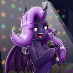 Size: 2160x2160 | Tagged: safe, artist:twigpaste, derpibooru import, oc, oc only, oc:lilac night, bat pony, pony, bat pony oc, bipedal, human shoulders, karaoke, microphone, solo