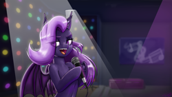 Size: 3840x2160 | Tagged: safe, artist:twigpaste, derpibooru import, oc, oc only, oc:lilac night, bat pony, pony, bat pony oc, bipedal, human shoulders, karaoke, microphone, solo