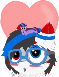 Size: 645x842 | Tagged: safe, artist:dust, artist:fliegerfausttop47, derpibooru import, twilight sparkle, twilight sparkle (alicorn), oc, oc:bashful interceptor, alicorn, cat, hybrid, original species, plane pony, pony, :3, :p, blushing, cheek fluff, digital art, duo, female, glasses, heart, male, mare, micro, plane, simple background, sitting on head, stallion, tiny, tiny ponies, tongue, tongue out, transparent background