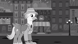 Size: 1280x720 | Tagged: safe, artist:mlp-silver-quill, derpibooru import, oc, oc:silver quill, after the fact, after the fact:rarity investigates!, canterlot, clothes, grayscale, hat, monochrome, streetlight, suit