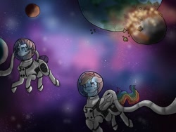 Size: 512x384 | Tagged: safe, artist:binibean, derpibooru import, rainbow dash, rarity, pegasus, pony, unicorn, duo, space, spacesuit