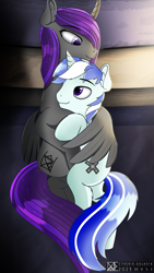 Size: 4320x7680 | Tagged: safe, artist:etheria galaxia, derpibooru import, oc, oc only, oc:etheria galaxia, oc:scratch wub, alicorn, pony, unicorn, alicorn oc, bed, cuddling, curved horn, cute, duo, ear fluff, ears, female, horn, hug, male, mare, stallion, unicorn oc, watermark, winghug, wings