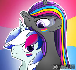 Size: 4710x4320 | Tagged: safe, artist:etheria galaxia, derpibooru import, oc, oc only, oc:etheria galaxia, oc:scratch wub, alicorn, pony, unicorn, absurd resolution, alicorn oc, bisexual pride flag, chest fluff, duo, duo male and female, ear fluff, ears, eyebrows, eyebrows visible through hair, female, glasses, horn, male, mare, pansexual pride flag, pride, pride flag, pride month, signature, smiling, stallion, unicorn oc, watermark, wings