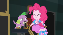 Size: 1280x720 | Tagged: safe, derpibooru import, screencap, pinkie pie, spike, spike the regular dog, dog, equestria girls, movie magic, spoiler:eqg specials, boots, eyes closed, hand over mouth, nodding, shoes
