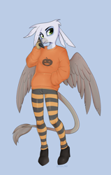 Size: 2489x3911 | Tagged: safe, artist:tomi_ouo, derpibooru import, oc, oc only, oc:blake, anthro, griffon, blue background, femboy, griffon oc, male, simple background, solo