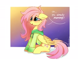 Size: 2048x1620 | Tagged: safe, artist:petaltwinkle, derpibooru import, fluttershy, pegasus, pony, blushing, clothes, cute, dialogue, ears, female, floppy ears, gradient background, hoodie, mare, messy mane, morning ponies, passepartout, shyabetes, sitting, solo, sunrise