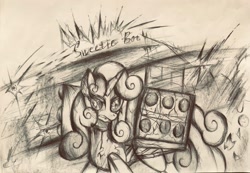 Size: 2227x1537 | Tagged: safe, artist:lydia, derpibooru import, sweetie belle, sweetie bot, pony, robot, unicorn, angry, confusion, crazy face, excited, faic, female, fight, gun, paper, pencil drawing, sketch, solo, traditional art, weapon