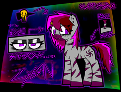 Size: 1936x1476 | Tagged: safe, artist:xxv4mp_g4z3rxx, derpibooru import, oc, oc:zyban, zebra, bags under eyes, choker, eyeliner, eyeshadow, fangs, female, hairclip, makeup, piercing, pink eyes, reference sheet, smiley face, solo, studs, torn ear, trans female, transgender, zebra oc