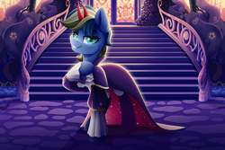Size: 3000x2000 | Tagged: safe, artist:rainbowfire, derpibooru import, oc, oc only, pony, unicorn, background, castle, clothes, complex background, cute, dress, female, grin, horn, jacket, looking at you, mare, raised hoof, raised leg, smiling, solo