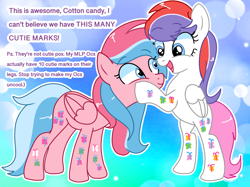 Size: 1366x1024 | Tagged: safe, artist:mlpcartel, derpibooru import, oc, oc only, oc:cotton candy, oc:rosiedash, bipedal, cutie mark magic, gradient background