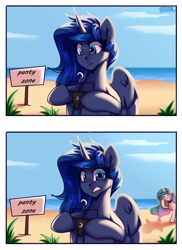 Size: 1600x2200 | Tagged: safe, artist:shadowreindeer, derpibooru import, princess celestia, princess luna, alicorn, 2 panel comic, backlighting, beach, clothes, colored, comic, duo, eyebrows, eyebrows visible through hair, hoof hold, laughing, long mane, mischievous, panties, shading, sign, sitting, underwear, we don't normally wear clothes