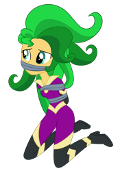 Size: 2000x2620 | Tagged: safe, artist:splendidbondage, derpibooru import, mane-iac, sunset shimmer, human, equestria girls, arm behind back, bondage, bound and gagged, clothes, costume, female, gag, high heels, high res, kneeling, shoes, simple background, solo, tape, tape bondage, tape gag, tied up, transparent background