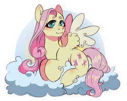 Size: 2640x2104 | Tagged: safe, artist:millman;, derpibooru import, fluttershy, pegasus, pony, g4, beanbrows, blushing, cloud, eyebrows, female, fluffy, head turn, high res, lying down, mare, on a cloud, prone, smiling, solo, spread wings, wings