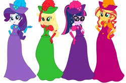 Size: 2266x1488 | Tagged: safe, artist:artsymlp12, derpibooru import, applejack, rarity, sci-twi, sunset shimmer, twilight sparkle, human, equestria girls, clothes, dress, female, gown, group, long dress, long skirt, simple background, skirt, white background