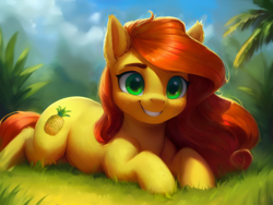 Size: 2048x1536 | Tagged: safe, ai content, artist:darbarri, derpibooru exclusive, derpibooru import, machine learning assisted, oc, earth pony, pony, cute, female, grass, lying down, mare, pineapple, smiling, solo